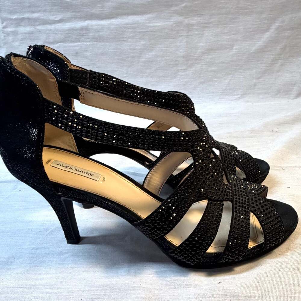 Alex Marie Black Rhinestone Embellished Stiletto Heel Peep-Toe Dress Shoes